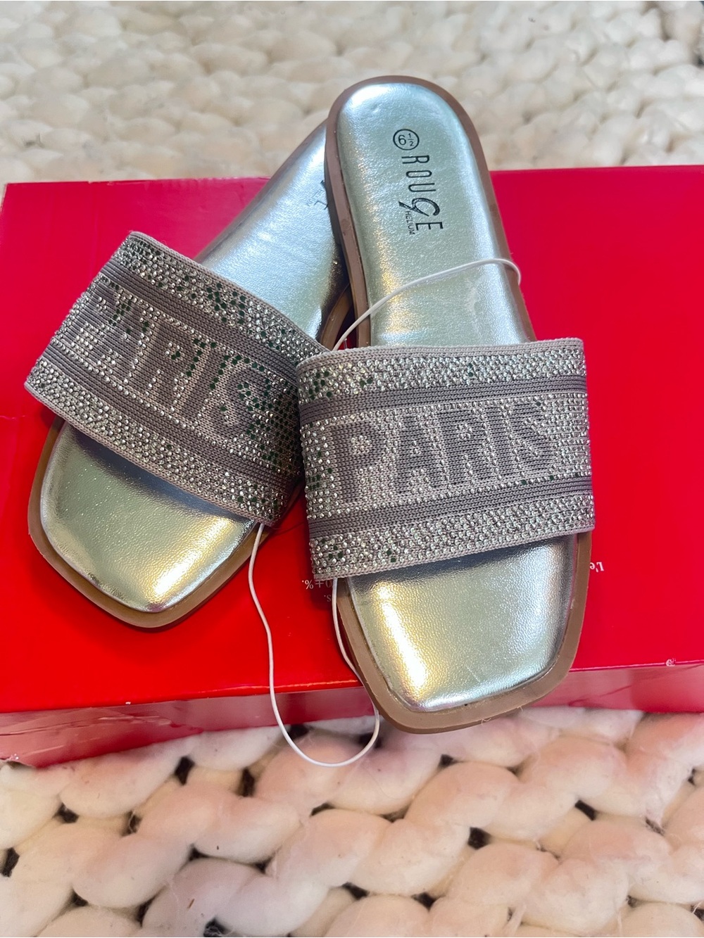 NWT | Rouge Helium Silver ‘Paris’ Crystal Stretchy Strap Slide Sandals